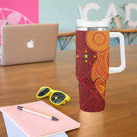 Niue Polynesian Hiapo Tattoo Art Tumbler With Handle Half Style Red Yellow Color - Polynesian Pride