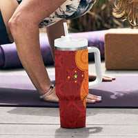 Niue Polynesian Hiapo Tattoo Art Tumbler With Handle Half Style Red Yellow Color - Polynesian Pride