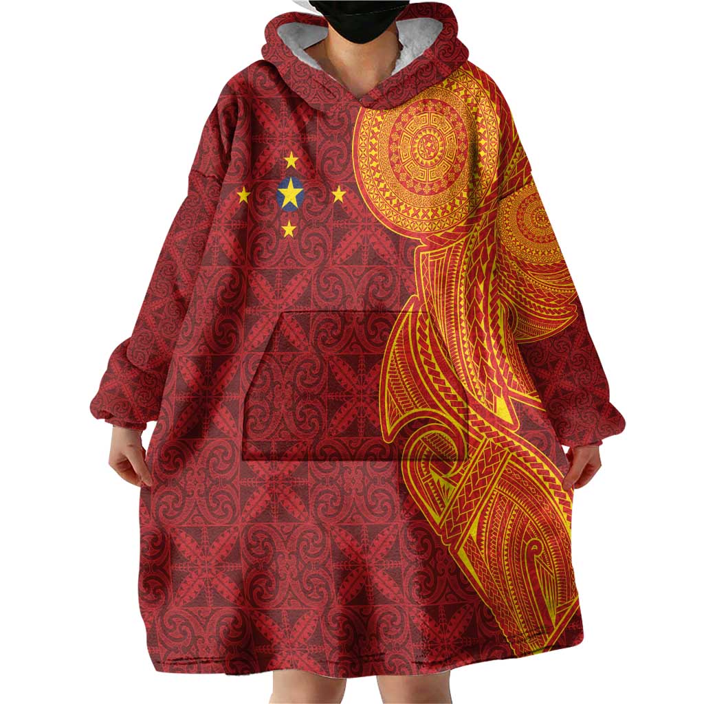 Niue Polynesian Hiapo Tattoo Art Wearable Blanket Hoodie Half Style Red Yellow Color - Polynesian Pride