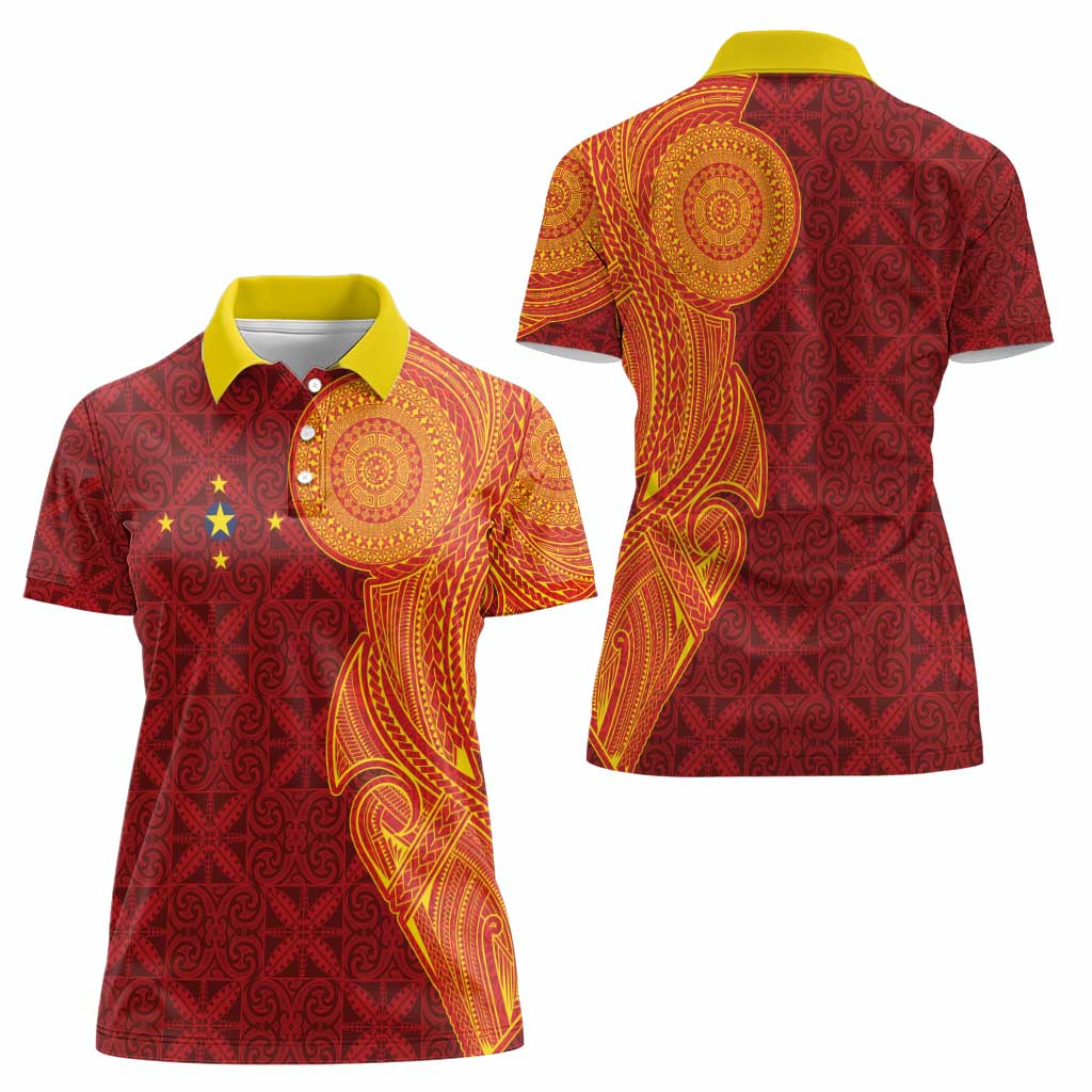 Niue Polynesian Hiapo Tattoo Art Women Polo Shirt Half Style Red Yellow Color - Polynesian Pride