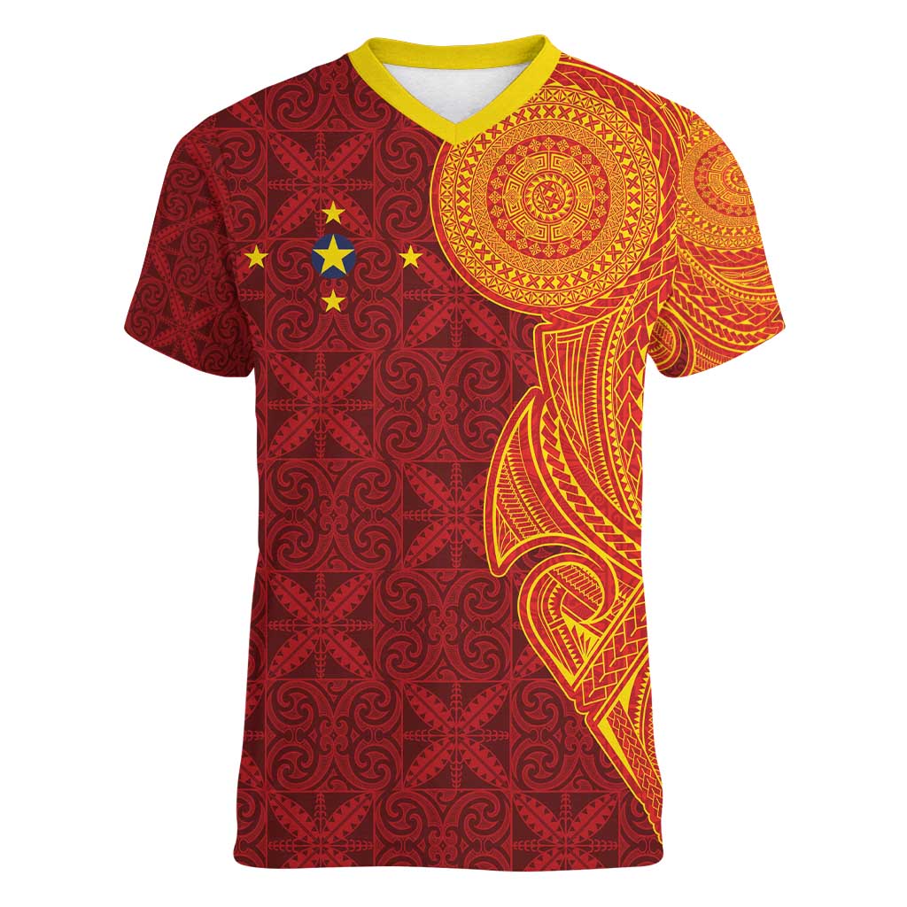 Niue Polynesian Hiapo Tattoo Art Women V-Neck T-Shirt Half Style Red Yellow Color - Polynesian Pride