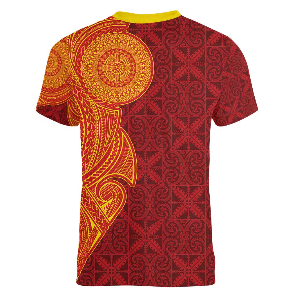 Niue Polynesian Hiapo Tattoo Art Women V-Neck T-Shirt Half Style Red Yellow Color - Polynesian Pride