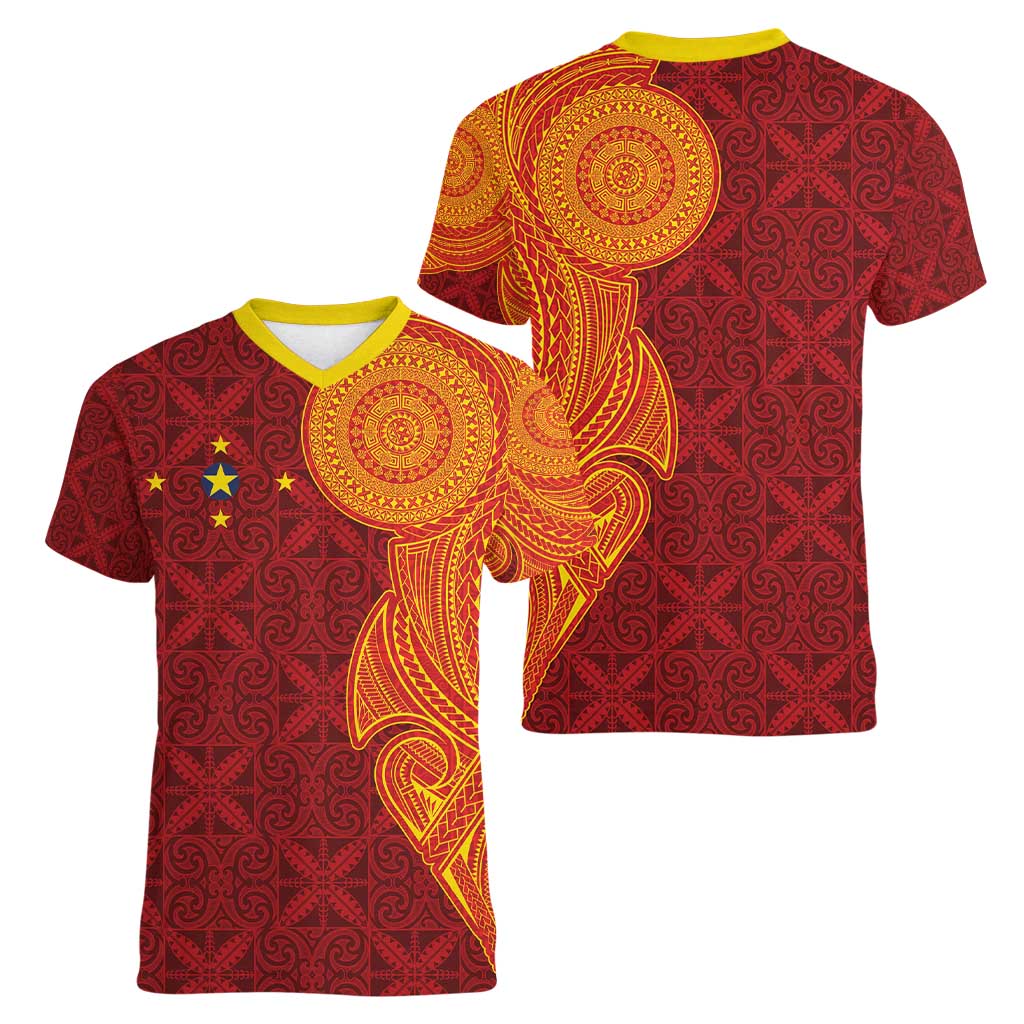 Niue Polynesian Hiapo Tattoo Art Women V-Neck T-Shirt Half Style Red Yellow Color - Polynesian Pride