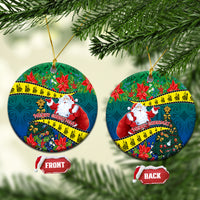 New Caledonia Christmas Ceramic Ornament Santa Claus and Kanak Flag Mix Poinsettia Maori Pattern LT03 Circle Green - Polynesian Pride