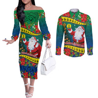 New Caledonia Christmas Couples Matching Off The Shoulder Long Sleeve Dress and Long Sleeve Button Shirt Santa Claus and Kanak Flag Mix Poinsettia Maori Pattern LT03 Green - Polynesian Pride