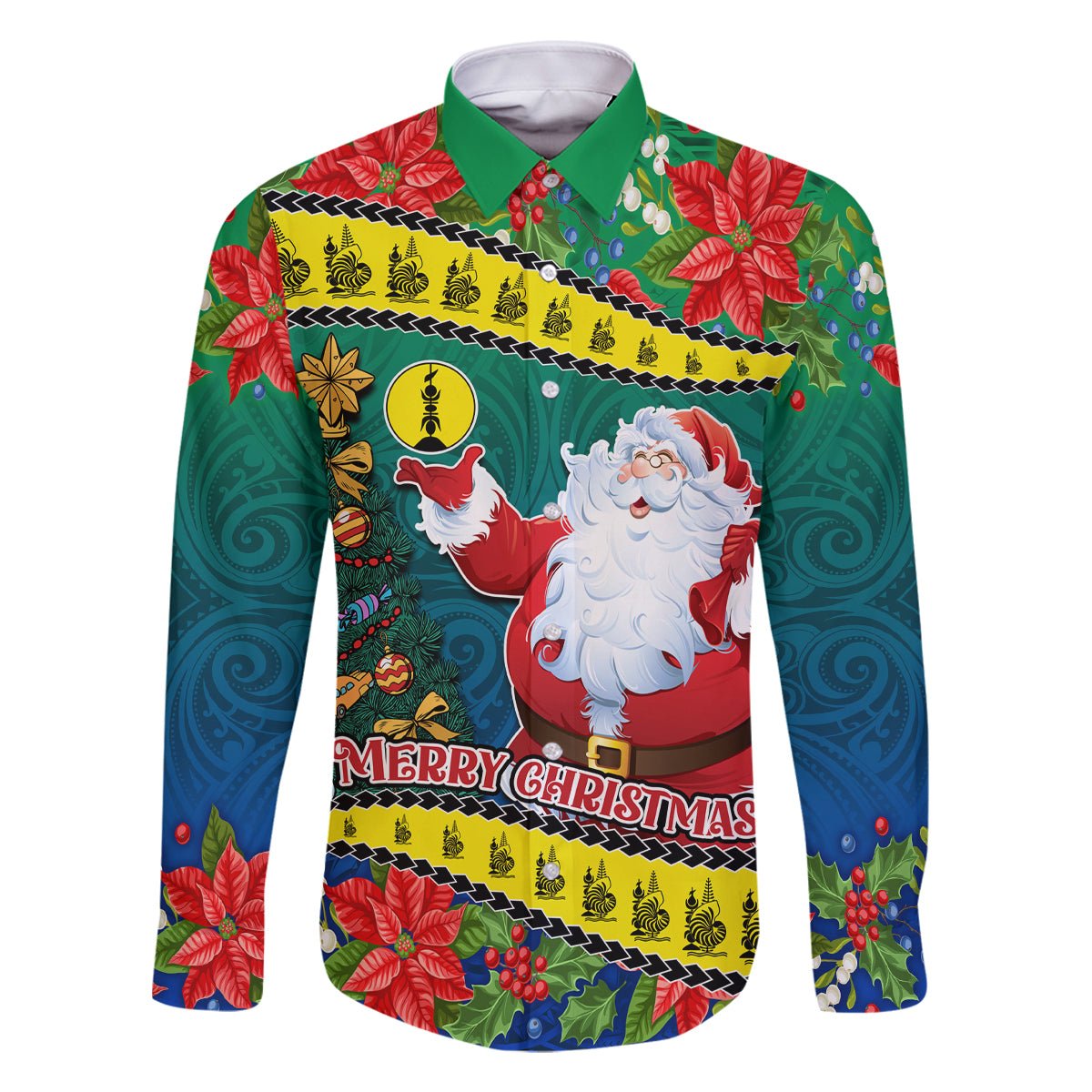 New Caledonia Christmas Family Matching Mermaid Dress and Hawaiian Shirt Santa Claus and Kanak Flag Mix Poinsettia Maori Pattern LT03 Dad's Shirt - Long Sleeve Green - Polynesian Pride