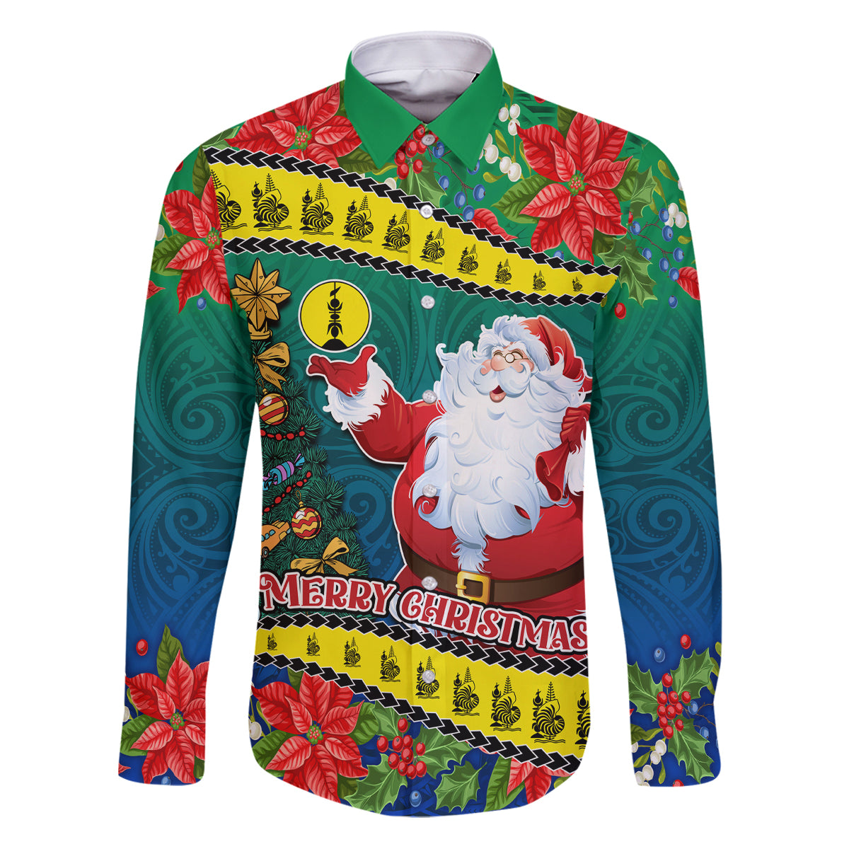 New Caledonia Christmas Family Matching Puletasi Dress and Hawaiian Shirt Santa Claus and Kanak Flag Mix Poinsettia Maori Pattern LT03 Dad's Shirt - Long Sleeve Green - Polynesian Pride