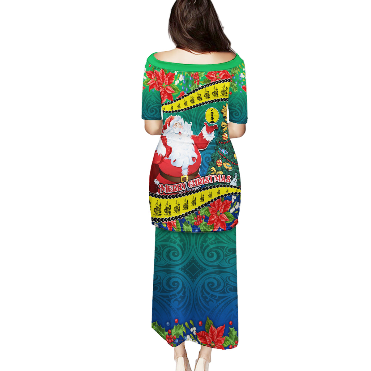 New Caledonia Christmas Family Matching Puletasi Dress and Hawaiian Shirt Santa Claus and Kanak Flag Mix Poinsettia Maori Pattern LT03 - Polynesian Pride