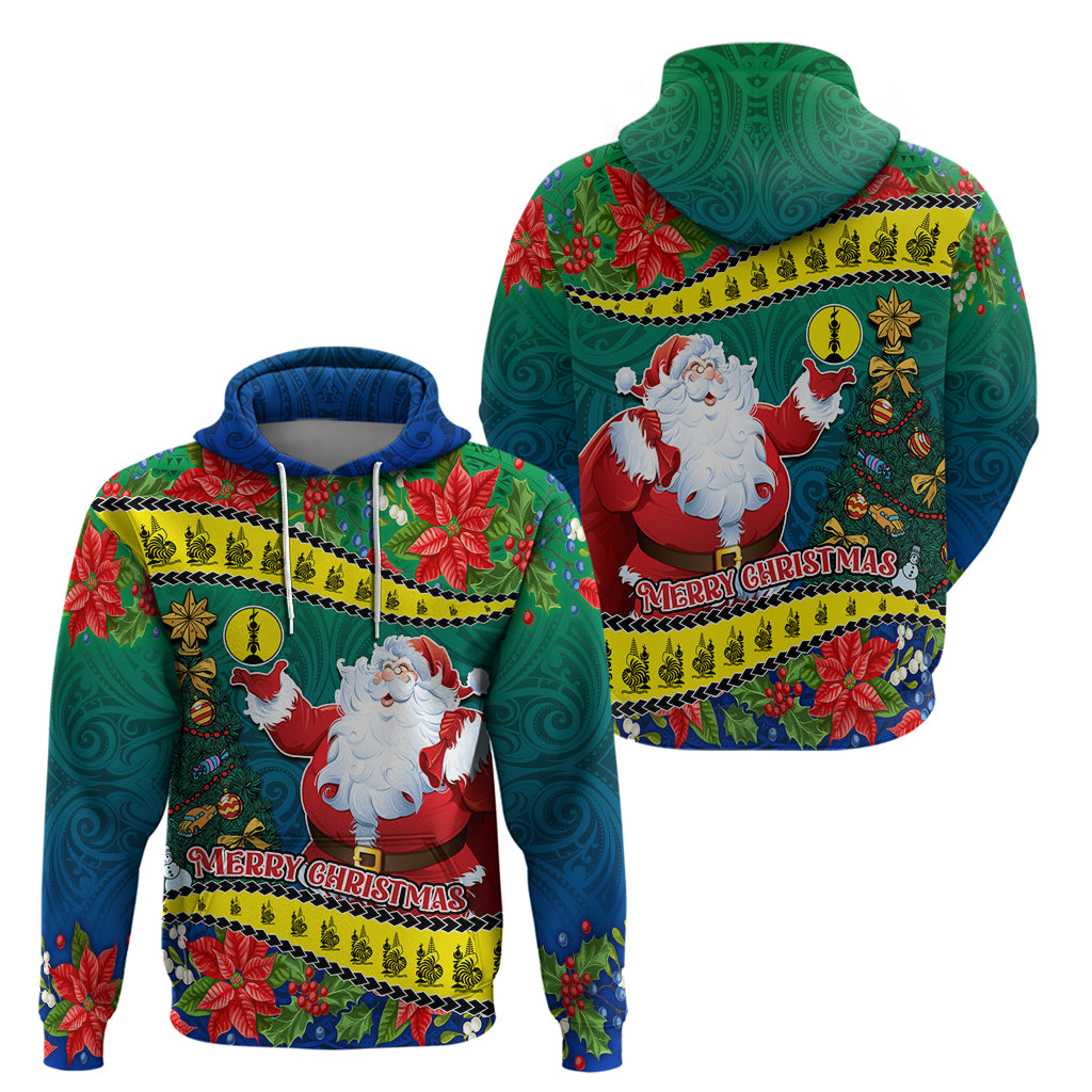 New Caledonia Christmas Hoodie Santa Claus and Kanak Flag Mix Poinsettia Maori Pattern LT03 - Polynesian Pride
