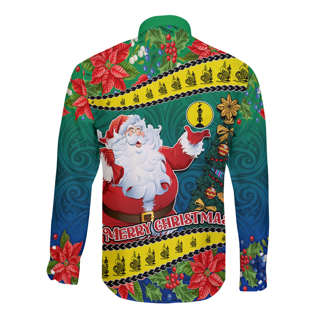 New Caledonia Christmas Long Sleeve Button Shirt Santa Claus and Kanak Flag Mix Poinsettia Maori Pattern LT03 - Polynesian Pride