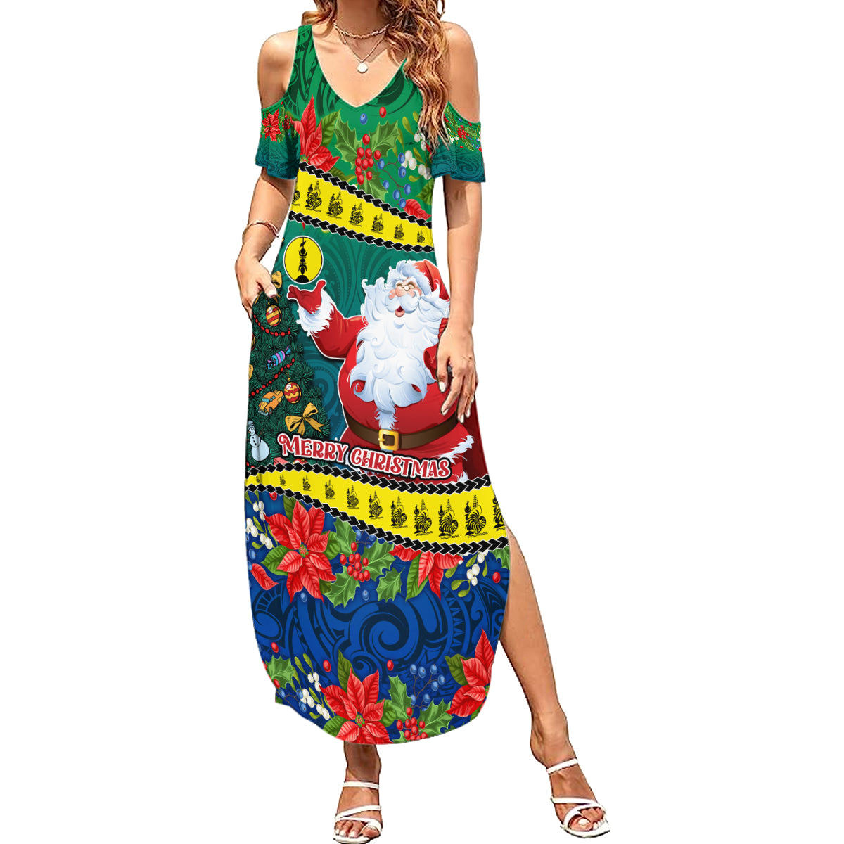 New Caledonia Christmas Summer Maxi Dress Santa Claus and Kanak Flag Mix Poinsettia Maori Pattern LT03 Women Green - Polynesian Pride