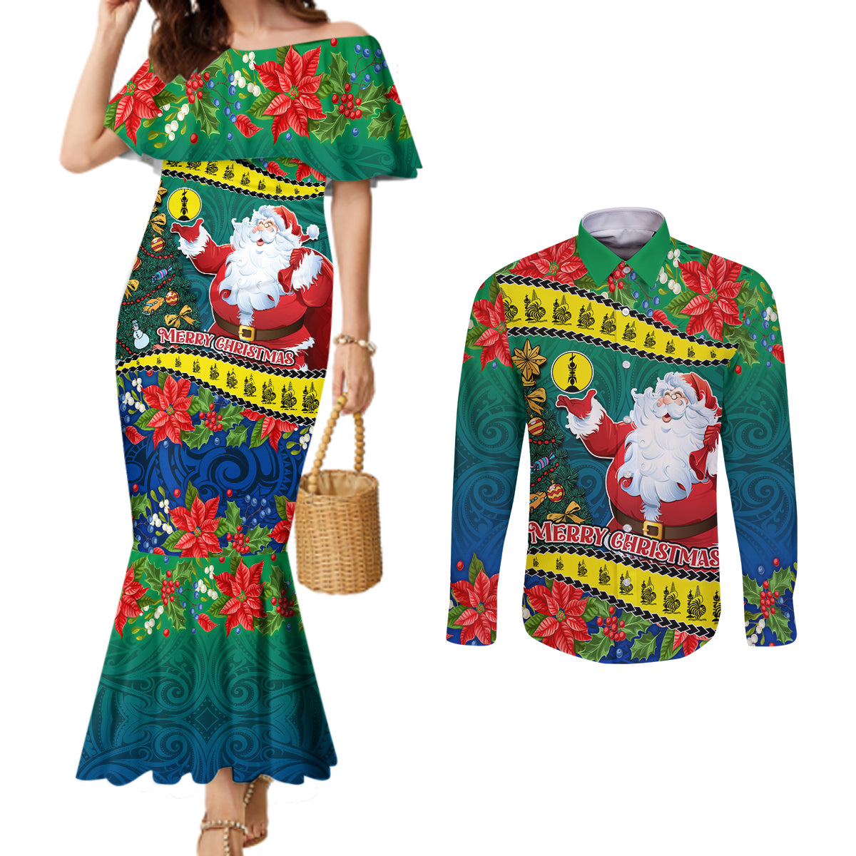 Personalised New Caledonia Christmas Couples Matching Mermaid Dress and Long Sleeve Button Shirt Santa Claus and Kanak Flag Mix Poinsettia Maori Pattern LT03 Green - Polynesian Pride