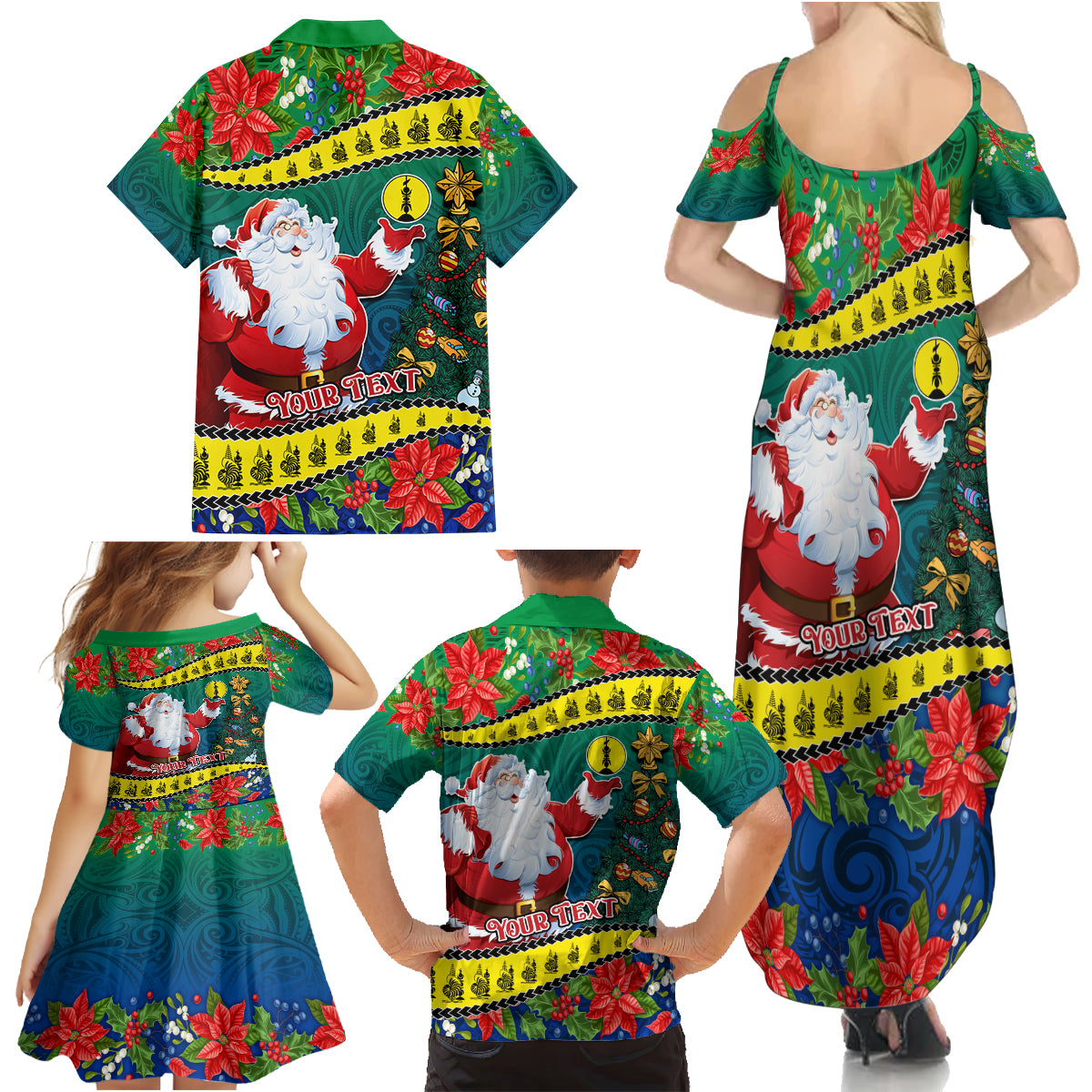 Personalised New Caledonia Christmas Family Matching Summer Maxi Dress and Hawaiian Shirt Santa Claus and Kanak Flag Mix Poinsettia Maori Pattern LT03 - Polynesian Pride