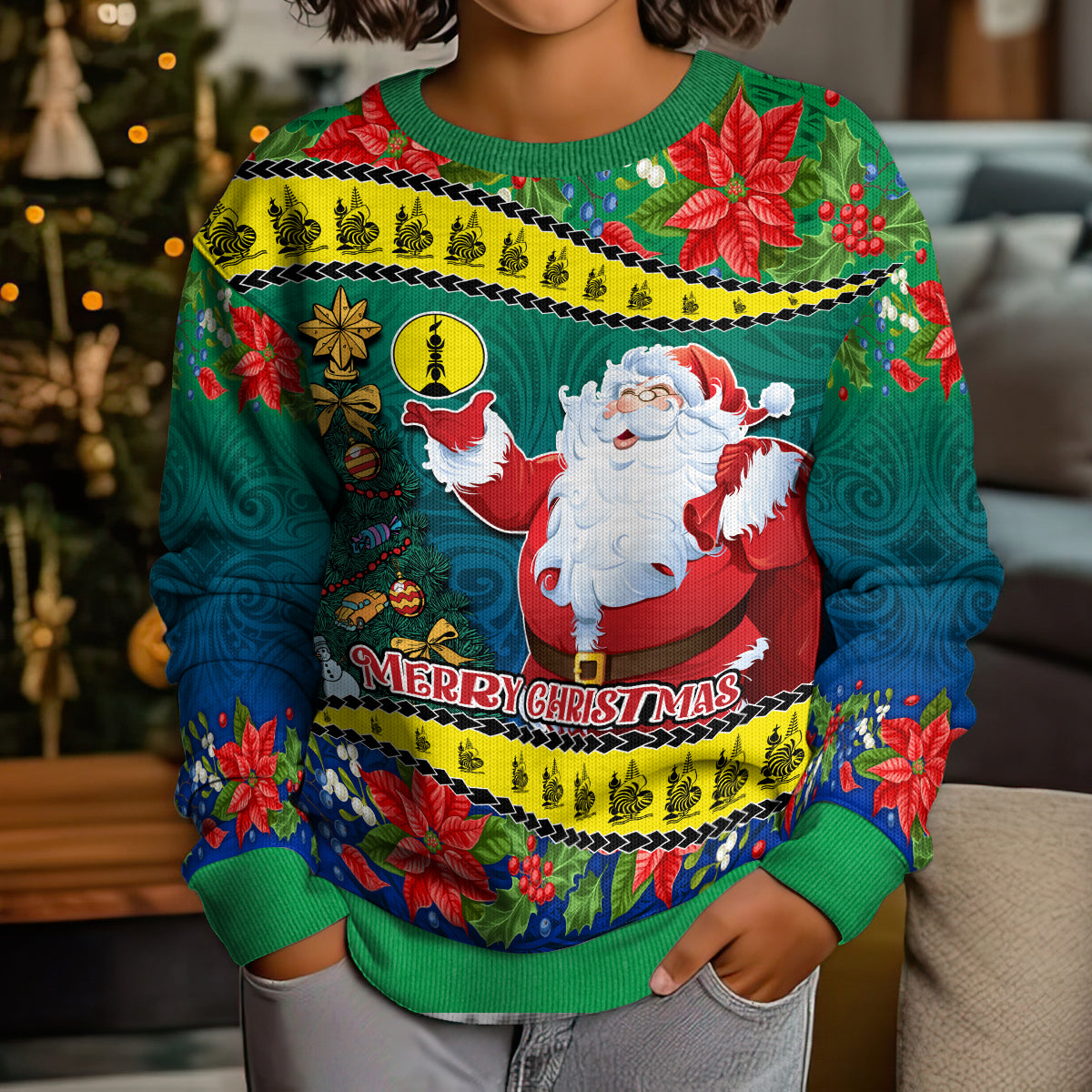 Personalised New Caledonia Christmas Kid Ugly Christmas Sweater Santa Claus and Kanak Flag Mix Poinsettia Maori Pattern LT03 - Polynesian Pride
