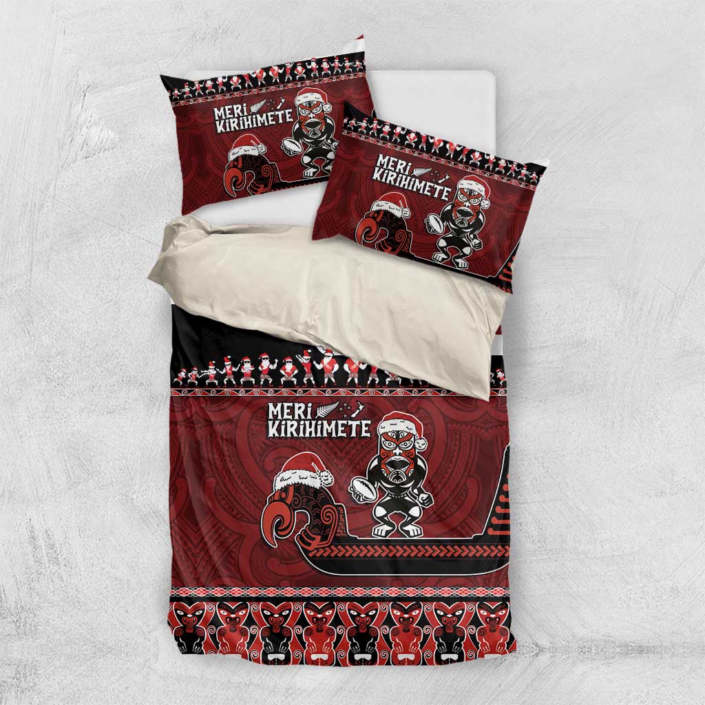 New Zealand Christmas Bedding Set Meri Kirihimete Aotearoa Warrior on Waka with Maori Art Tattoo