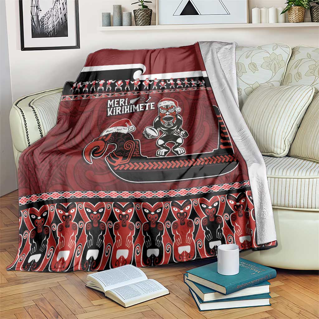 New Zealand Christmas Blanket Meri Kirihimete Aotearoa Warrior on Waka with Maori Art Tattoo LT03 Red - Polynesian Pride
