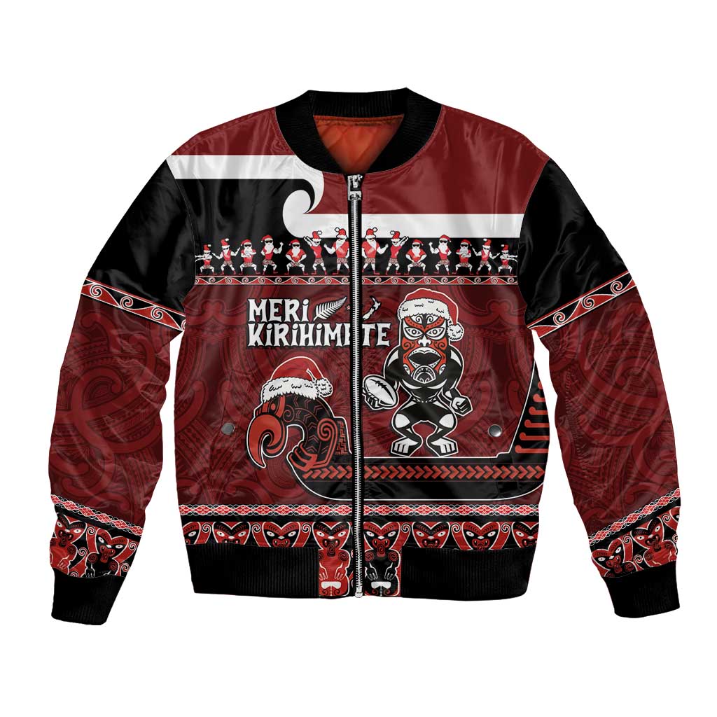 New Zealand Christmas Bomber Jacket Meri Kirihimete Aotearoa Warrior on Waka with Maori Art Tattoo