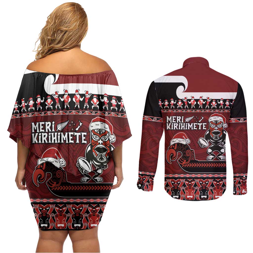 New Zealand Christmas Couples Matching Off Shoulder Short Dress and Long Sleeve Button Shirt Meri Kirihimete Aotearoa Warrior on Waka with Maori Art Tattoo