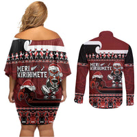 New Zealand Christmas Couples Matching Off Shoulder Short Dress and Long Sleeve Button Shirt Meri Kirihimete Aotearoa Warrior on Waka with Maori Art Tattoo