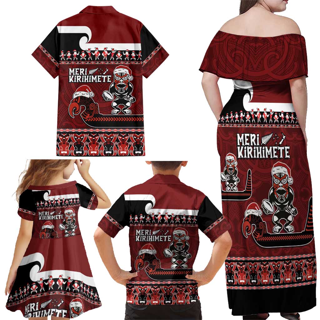 New Zealand Christmas Family Matching Off Shoulder Maxi Dress and Hawaiian Shirt Meri Kirihimete Aotearoa Warrior on Waka with Maori Art Tattoo