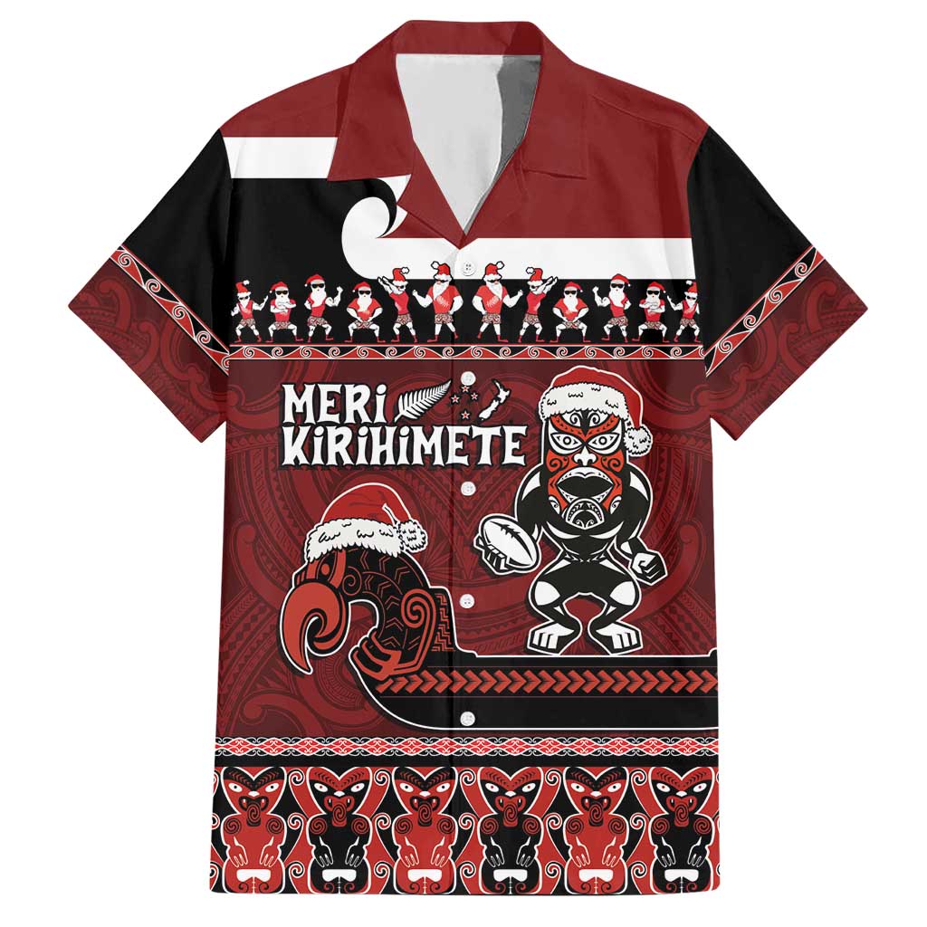 New Zealand Christmas Hawaiian Shirt Meri Kirihimete Aotearoa Warrior on Waka with Maori Art Tattoo