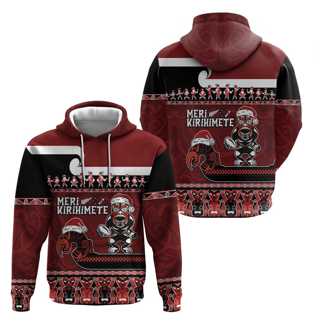 New Zealand Christmas Hoodie Meri Kirihimete Aotearoa Warrior on Waka with Maori Art Tattoo