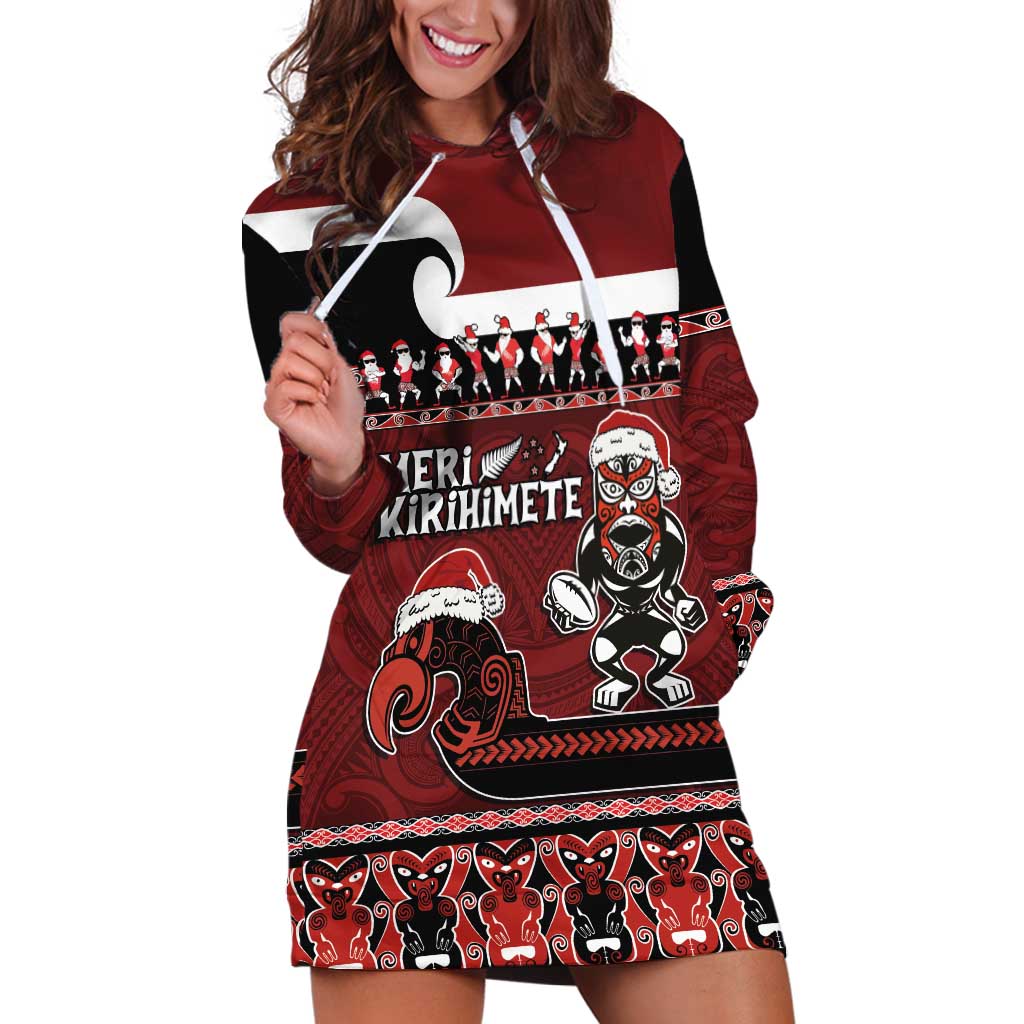 New Zealand Christmas Hoodie Dress Meri Kirihimete Aotearoa Warrior on Waka with Maori Art Tattoo LT03 Red - Polynesian Pride