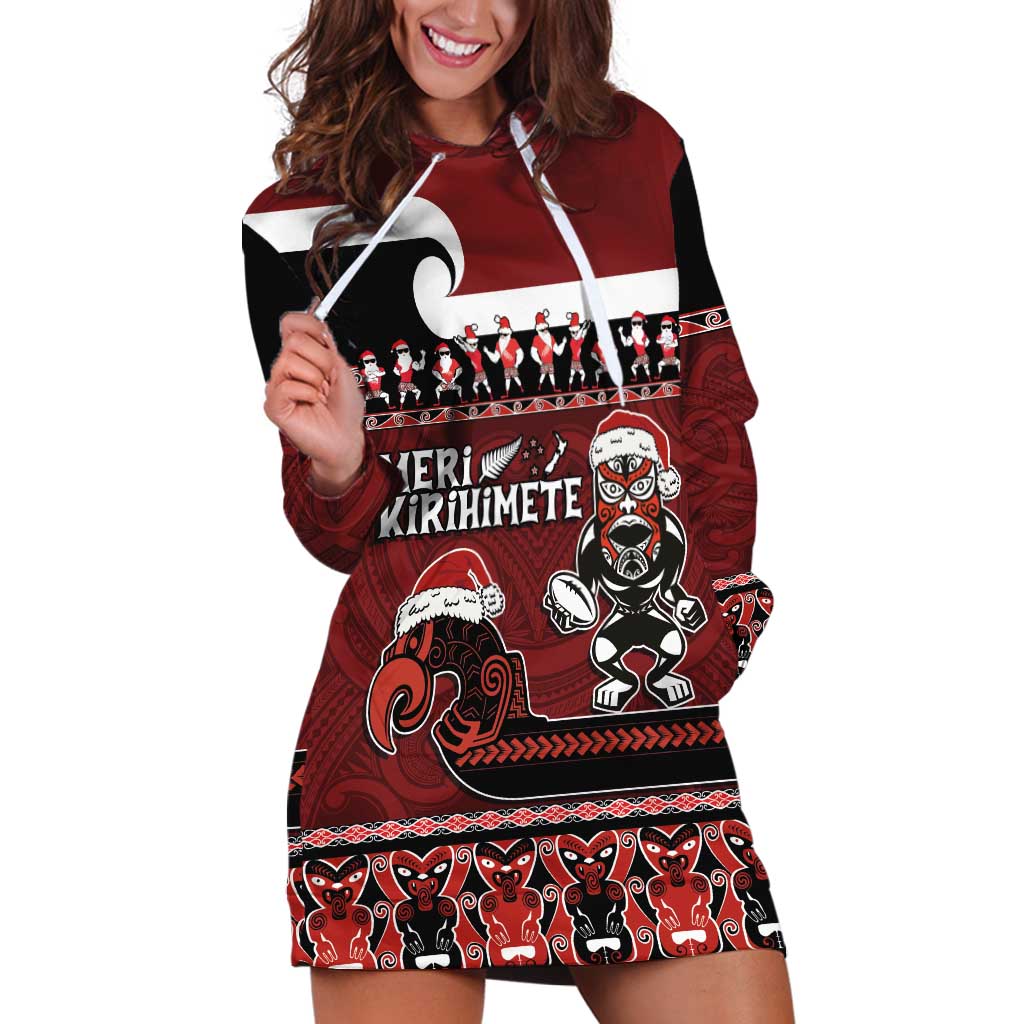 New Zealand Christmas Hoodie Dress Meri Kirihimete Aotearoa Warrior on Waka with Maori Art Tattoo