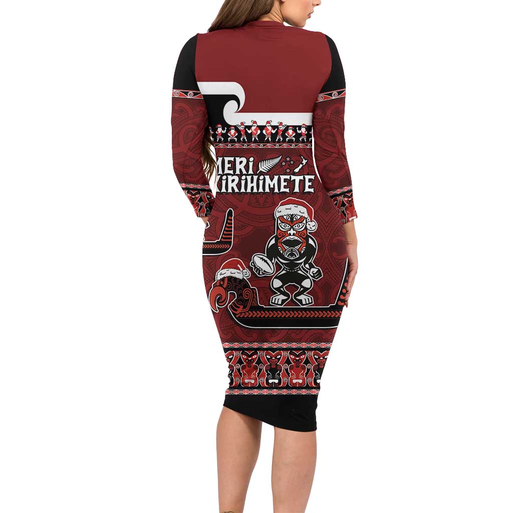 New Zealand Christmas Long Sleeve Bodycon Dress Meri Kirihimete Aotearoa Warrior on Waka with Maori Art Tattoo LT03 - Polynesian Pride