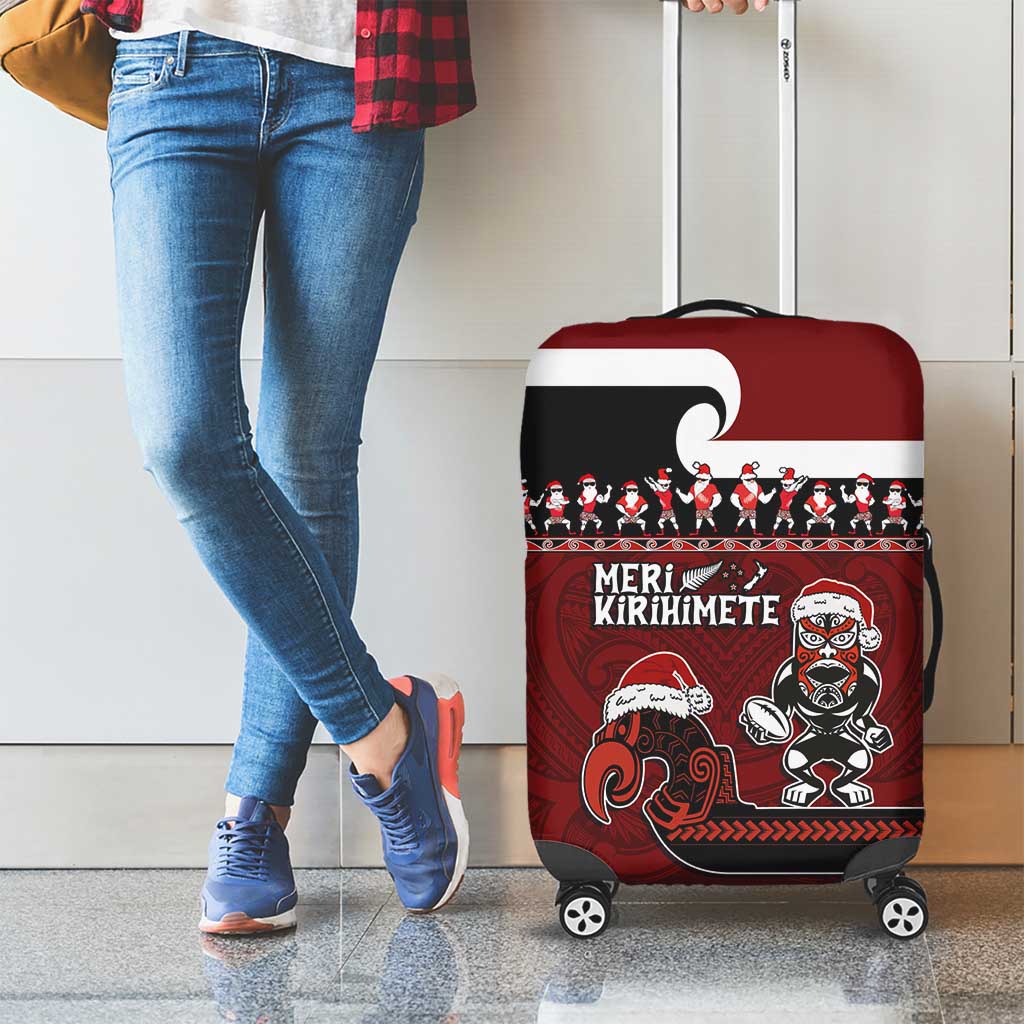 New Zealand Christmas Luggage Cover Meri Kirihimete Aotearoa Warrior on Waka with Maori Art Tattoo