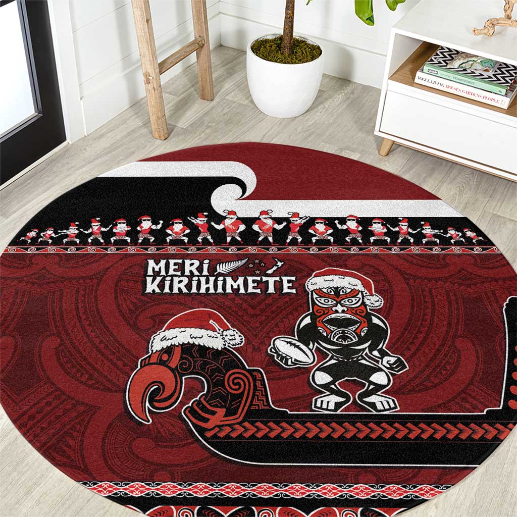 New Zealand Christmas Round Carpet Meri Kirihimete Aotearoa Warrior on Waka with Maori Art Tattoo