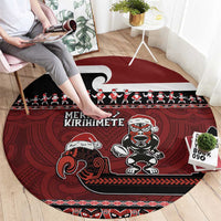 New Zealand Christmas Round Carpet Meri Kirihimete Aotearoa Warrior on Waka with Maori Art Tattoo