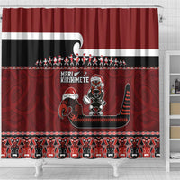 New Zealand Christmas Shower Curtain Meri Kirihimete Aotearoa Warrior on Waka with Maori Art Tattoo