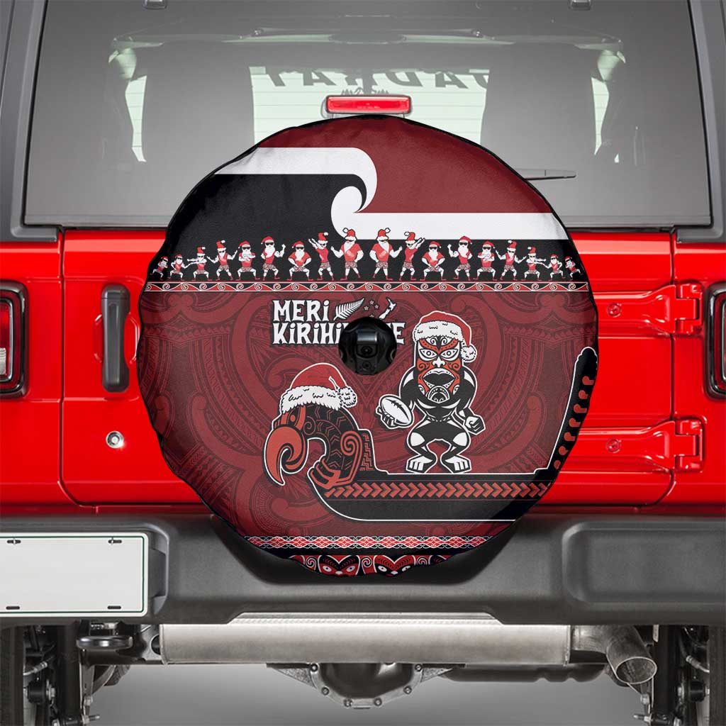 New Zealand Christmas Spare Tire Cover Meri Kirihimete Aotearoa Warrior on Waka with Maori Art Tattoo