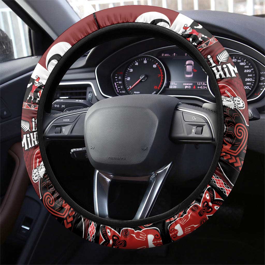 New Zealand Christmas Steering Wheel Cover Meri Kirihimete Aotearoa Warrior on Waka with Maori Art Tattoo