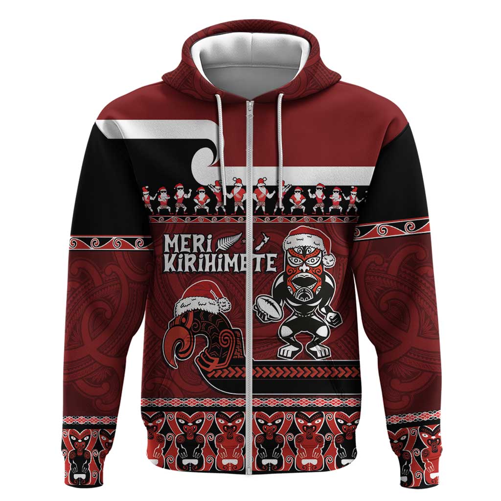 New Zealand Christmas Zip Hoodie Meri Kirihimete Aotearoa Warrior on Waka with Maori Art Tattoo LT03 Zip Hoodie Red - Polynesian Pride