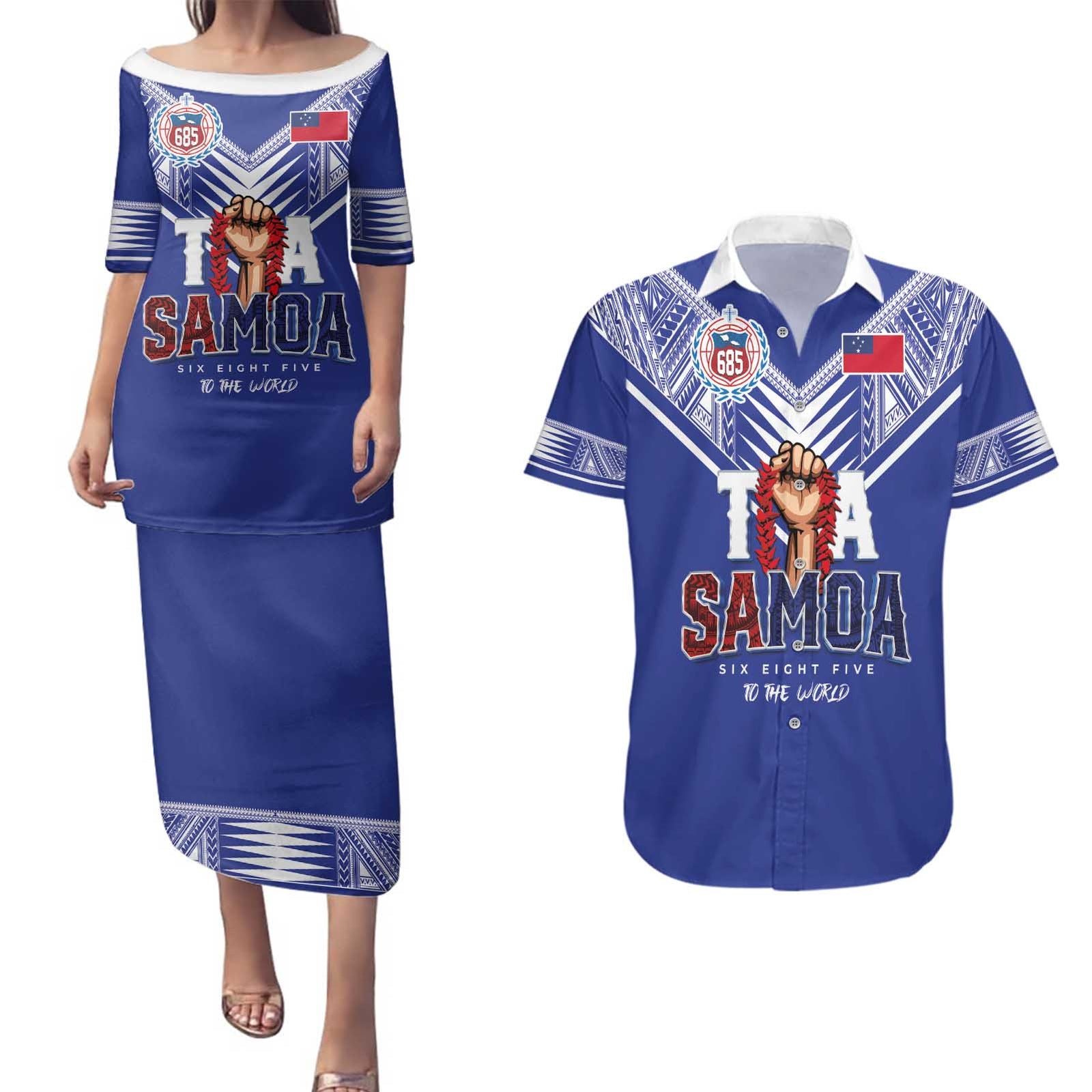 Toa Samoa Rugby Couples Matching Puletasi and Hawaiian Shirt Six Eight Five to The World