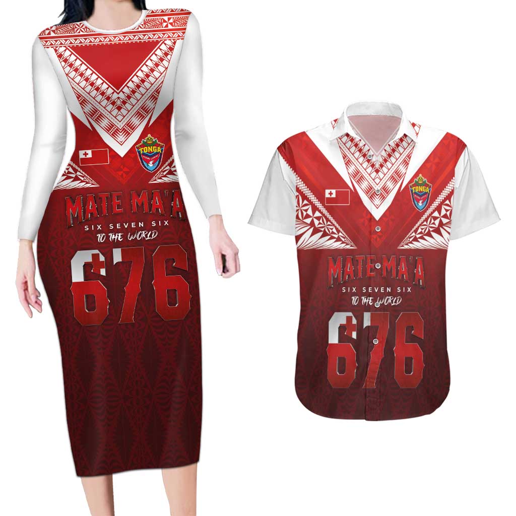 Mate Ma'a Tonga Rugby Couples Matching Long Sleeve Bodycon Dress and Hawaiian Shirt Six Seven Six to The World