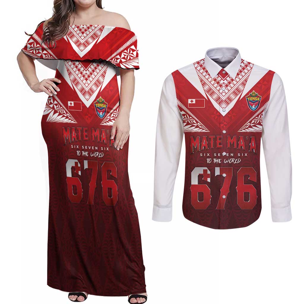 Mate Ma'a Tonga Rugby Couples Matching Off Shoulder Maxi Dress and Long Sleeve Button Shirt Six Seven Six to The World