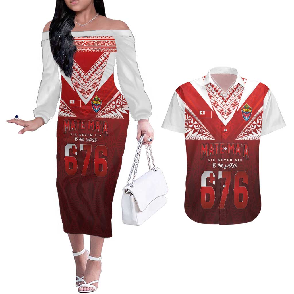 Mate Ma'a Tonga Rugby Couples Matching Off The Shoulder Long Sleeve Dress and Hawaiian Shirt Six Seven Six to The World