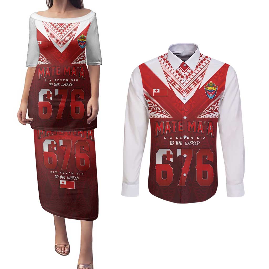 Mate Ma'a Tonga Rugby Couples Matching Puletasi and Long Sleeve Button Shirt Six Seven Six to The World