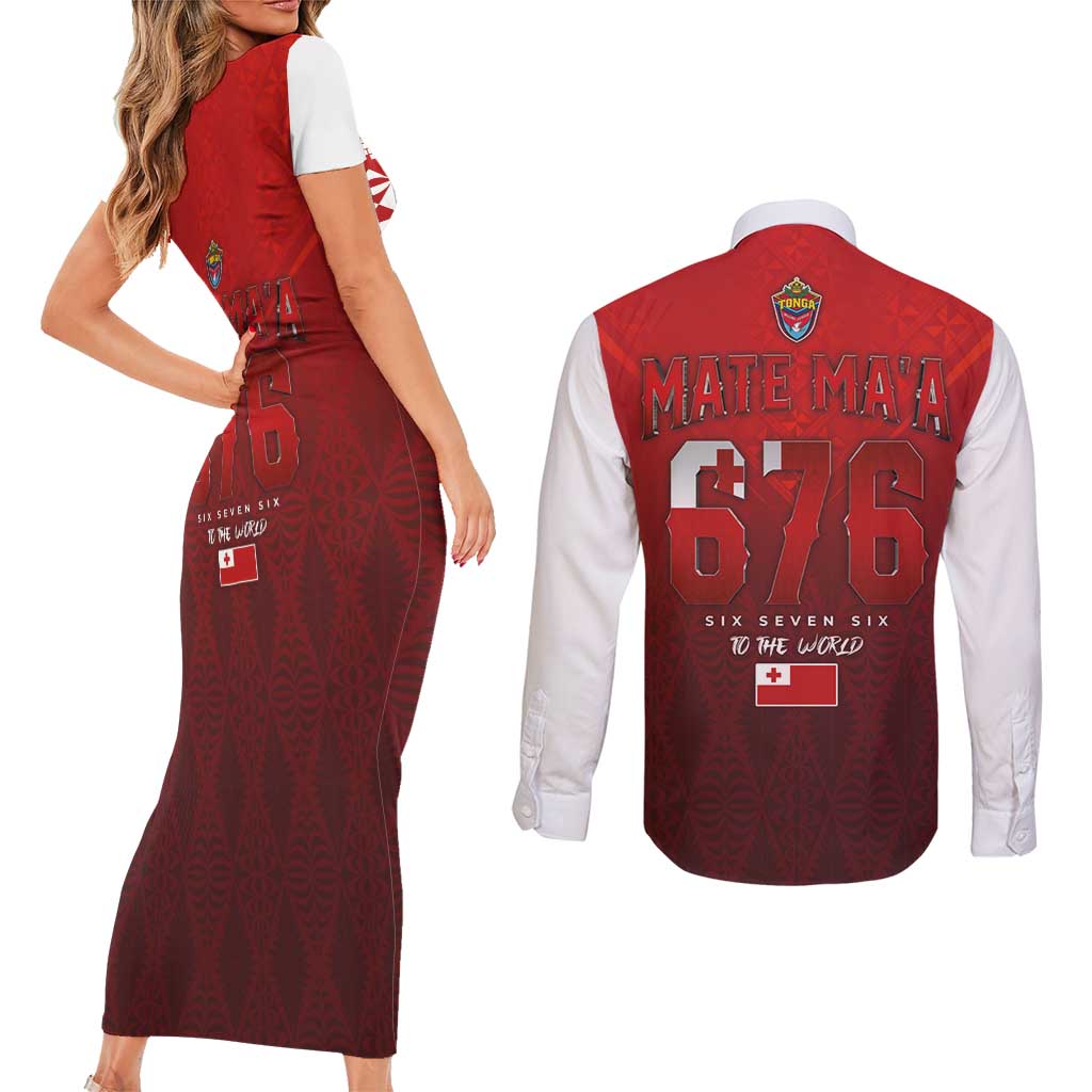 Mate Ma'a Tonga Rugby Couples Matching Short Sleeve Bodycon Dress and Long Sleeve Button Shirt Six Seven Six to The World
