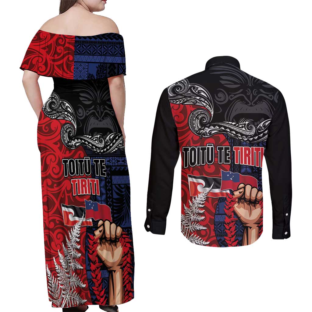 Aotearoa and Samoa Toitu Te Tiriti Couples Matching Off Shoulder Maxi Dress and Long Sleeve Button Shirt Honour the Treaty - Te Tiriti Is Us