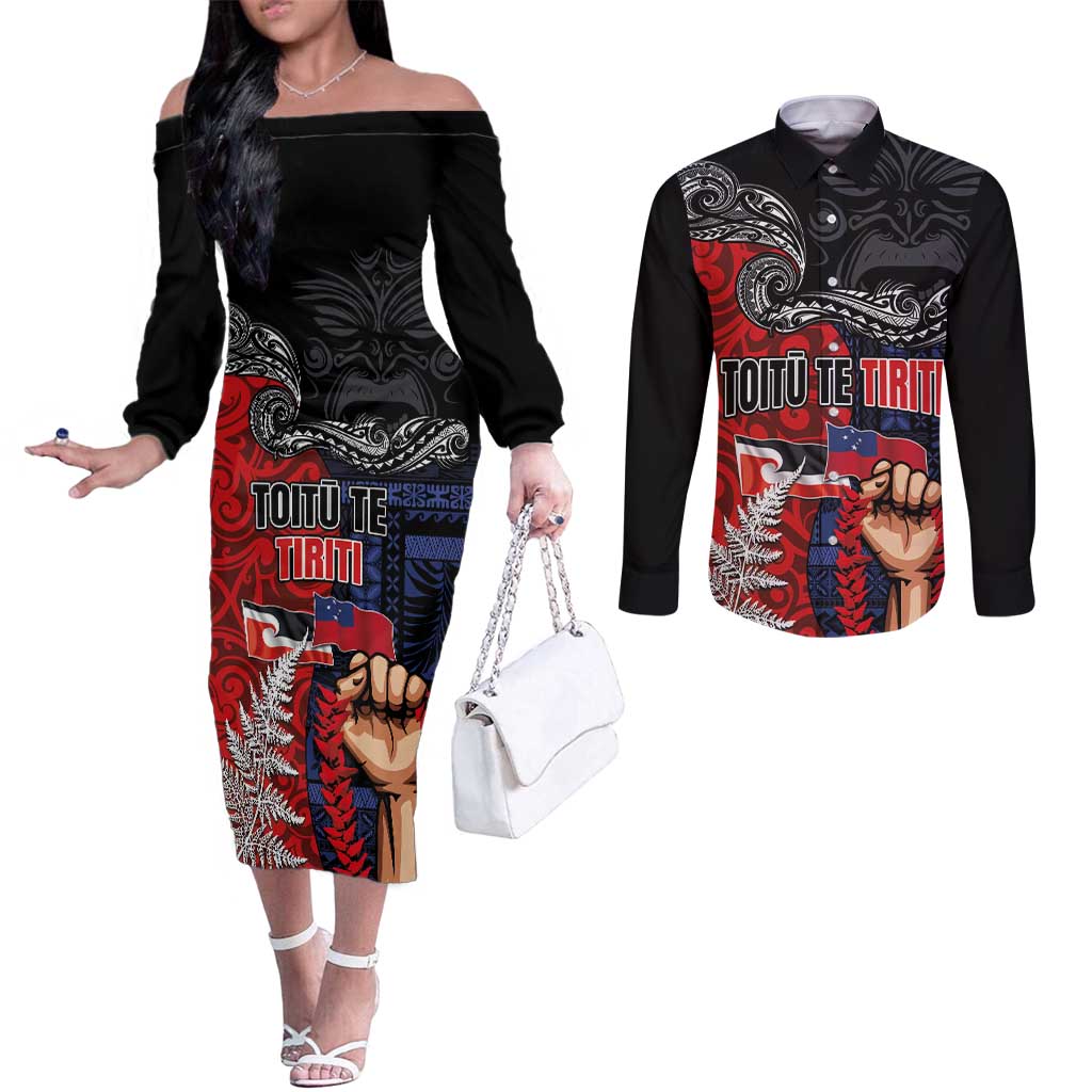Aotearoa and Samoa Toitu Te Tiriti Couples Matching Off The Shoulder Long Sleeve Dress and Long Sleeve Button Shirt Honour the Treaty - Te Tiriti Is Us