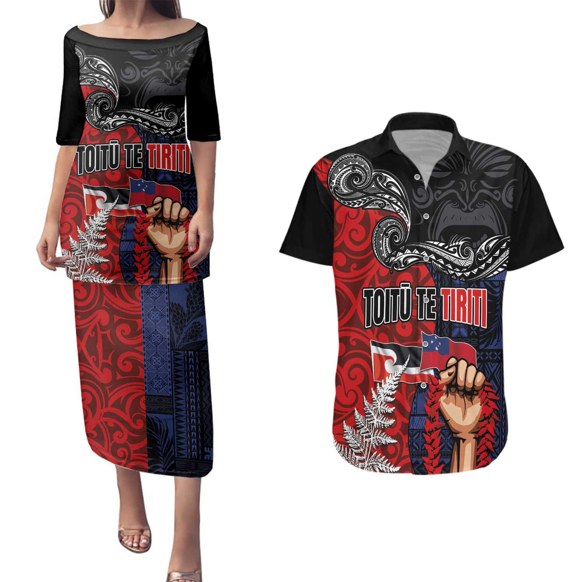 Aotearoa and Samoa Toitu Te Tiriti Couples Matching Puletasi and Hawaiian Shirt Honour the Treaty - Te Tiriti Is Us