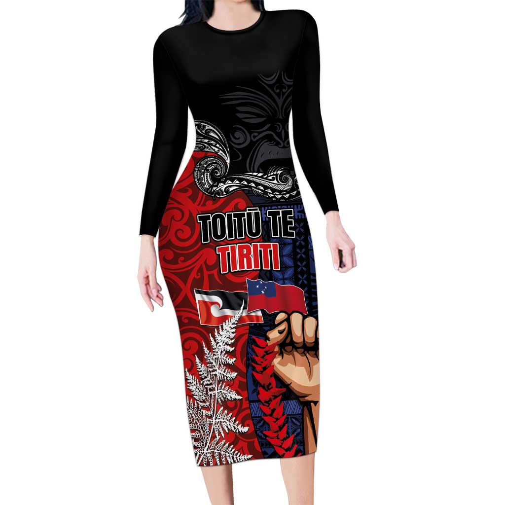 Aotearoa and Samoa Toitu Te Tiriti Long Sleeve Bodycon Dress Honour the Treaty - Te Tiriti Is Us LT03 Long Dress Black - Polynesian Pride