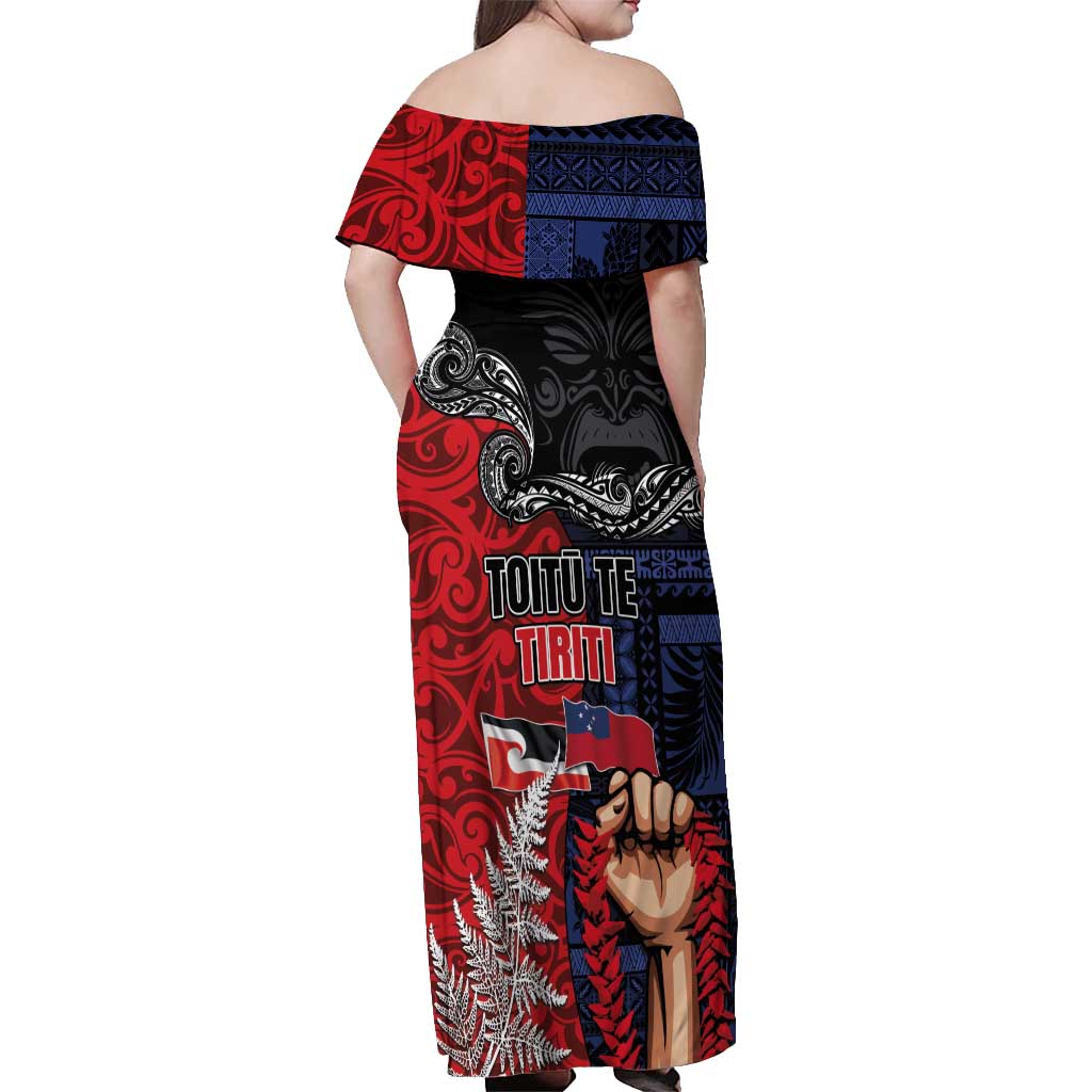 Aotearoa and Samoa Toitu Te Tiriti Off Shoulder Maxi Dress Honour the Treaty - Te Tiriti Is Us