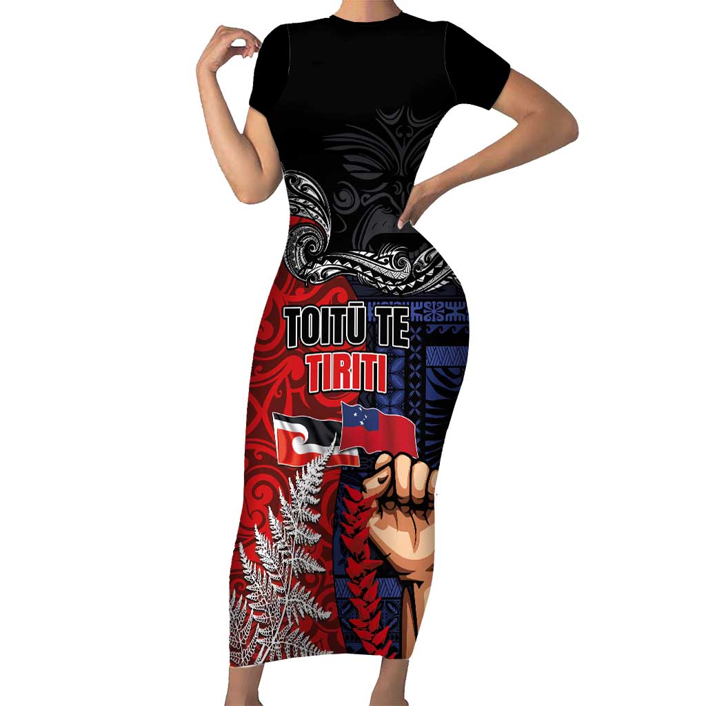 Aotearoa and Samoa Toitu Te Tiriti Short Sleeve Bodycon Dress Honour the Treaty - Te Tiriti Is Us