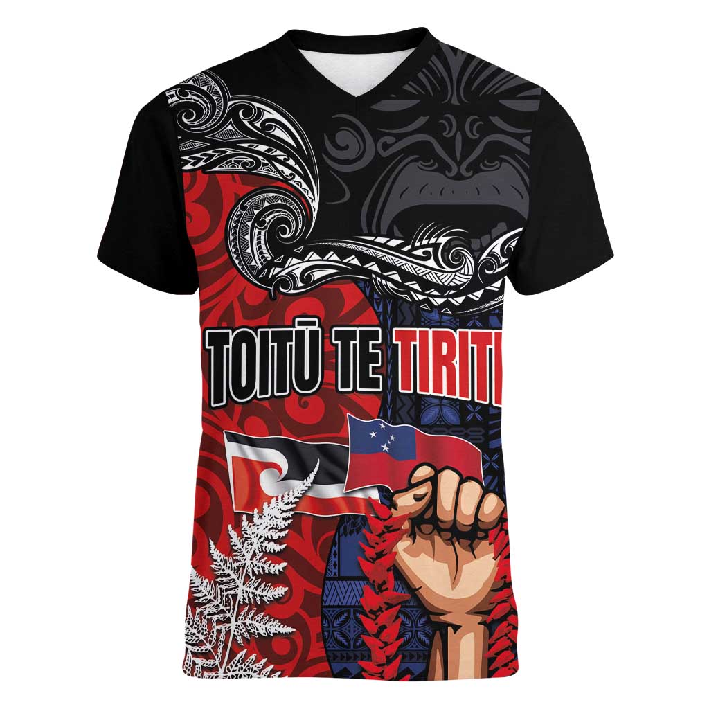 Aotearoa and Samoa Toitu Te Tiriti Women V-Neck T-Shirt Honour the Treaty - Te Tiriti Is Us