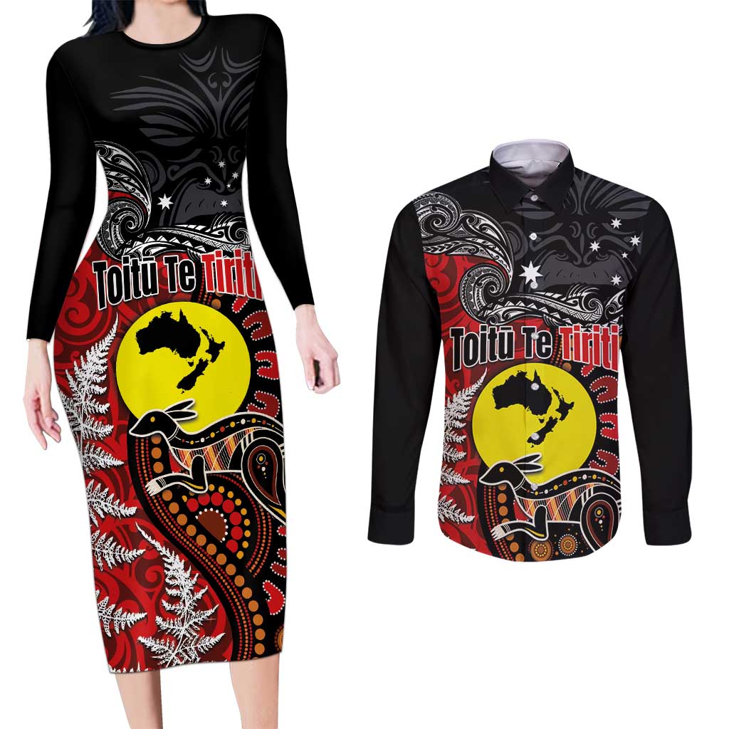 Aotearoa and Australia Toitu Te Tiriti Couples Matching Long Sleeve Bodycon Dress and Long Sleeve Button Shirt Honour the Treaty - Te Tiriti Is Us